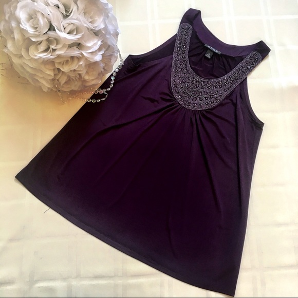 Tops - Sleeveless Blouse w/ Embellished Neckline Detail